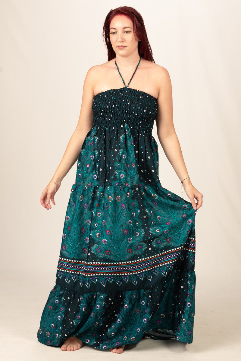 Peacock Feather Petrol Bandeau Maxi Dress