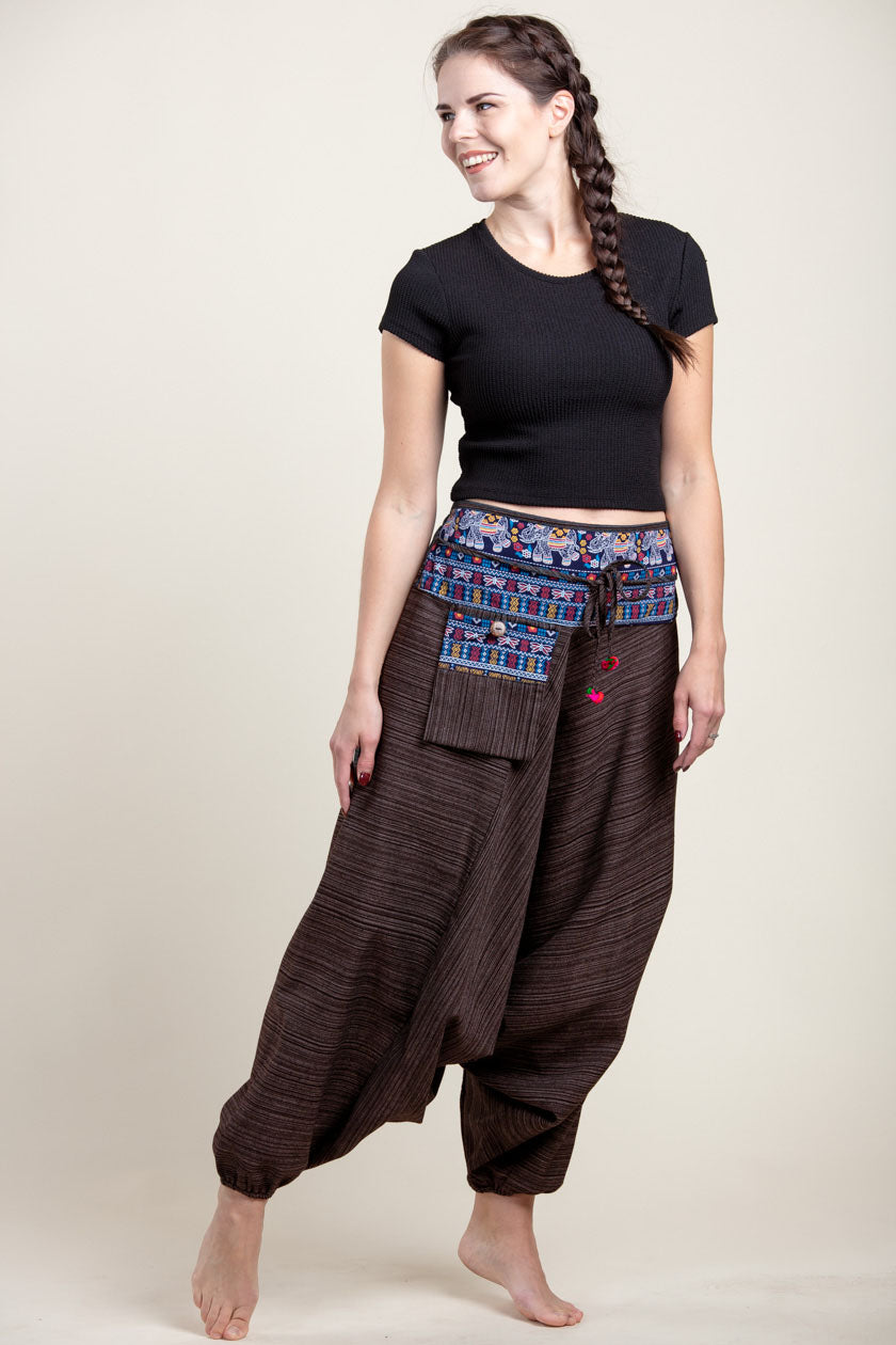 Pinstripe Elephant Brown Hill Tribe Artisan Low Cut Haaremihousut - Berry Piper