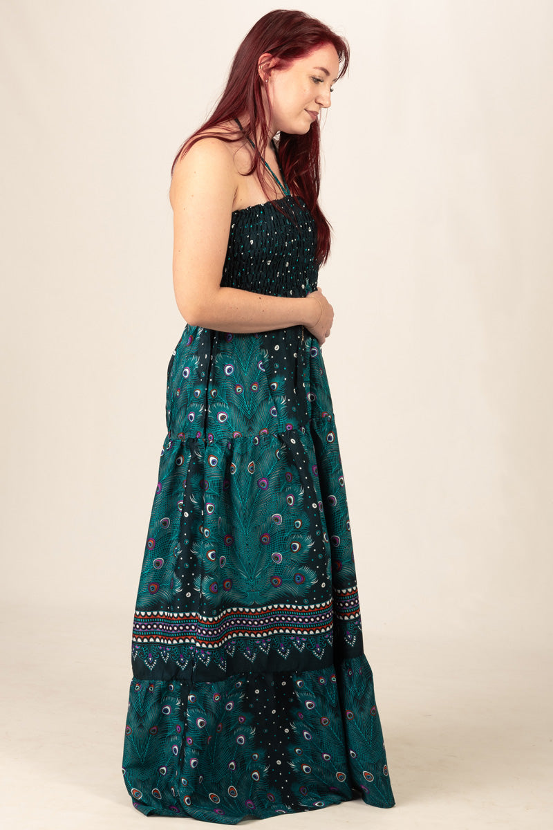 Peacock Feather Petrol Bandeau Maxi Dress