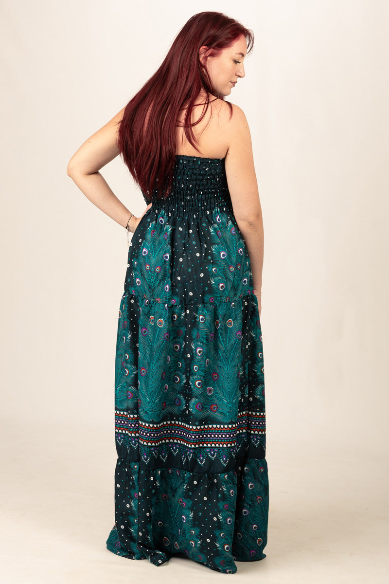 Peacock Feather Petrol Bandeau Maxi Dress