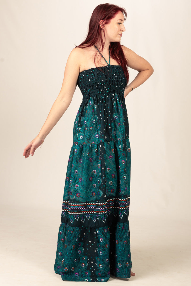 Peacock Feather Petrol Bandeau Maxi Dress